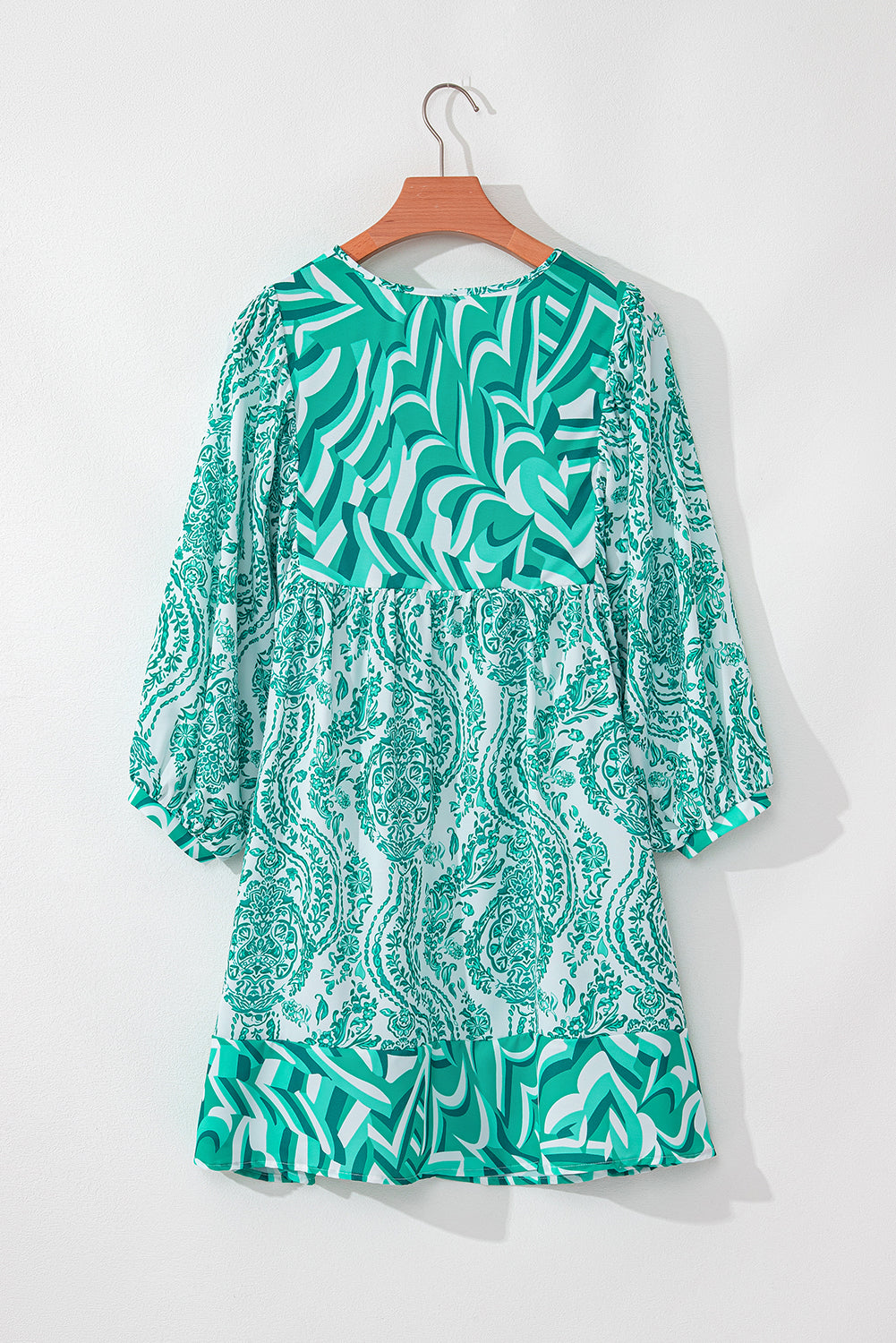 Bohemian Print Puff Sleeve Tied V Neck Flared Mini Dress | Green