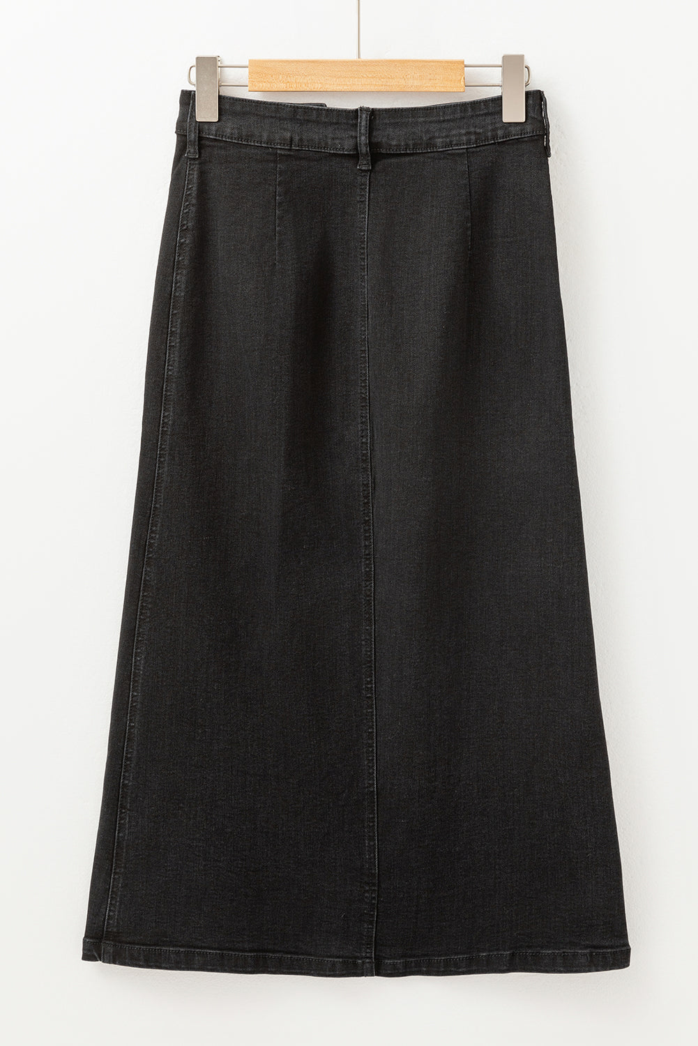 Button Fly Side Split High Waist Denim Midi Skirt | Black