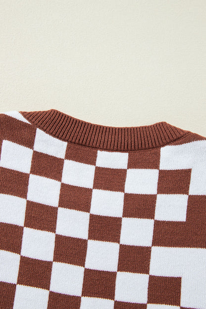 Checkered Print Drop Shoulder Round Neck Sweater | Brown