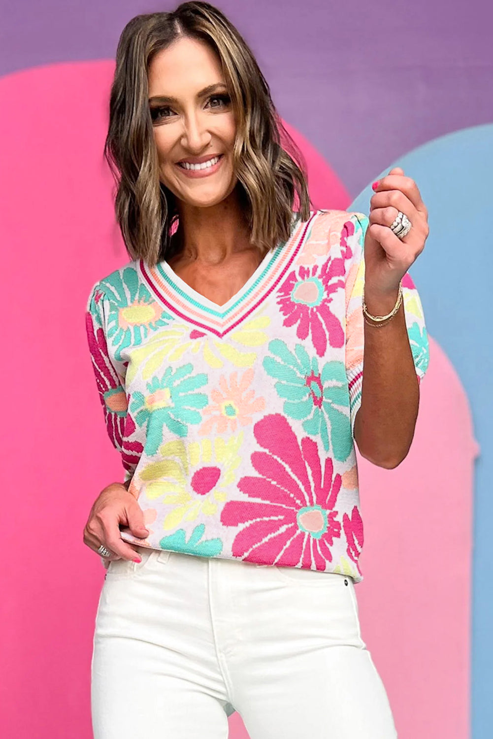 Floral Print V Neck Short Sleeve Sweater | Multicolour