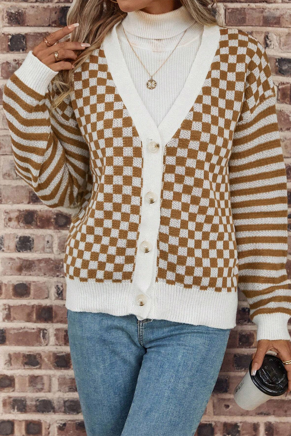 Checkered Striped Patched Buttoned V Neck Cardigan | Brown