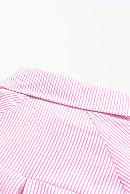 Smocked Cuffed Striped Boyfriend Shirt With Pocket | Pink