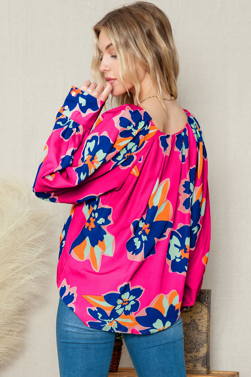 Floral Pattern V Neck Balloon Sleeve Plus Size Blouse | Rose