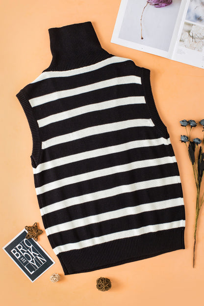 Zipped Collar Knit Sweater Tank | Black Stripe