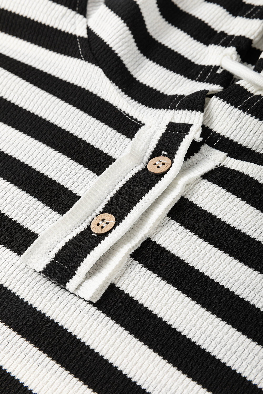 Black White Oversized Striped Henley Buttons Dolman Sleeve Hooded Top | Black white