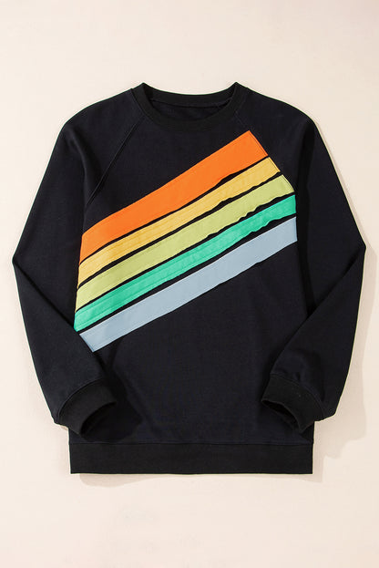 Rainbow Raglan Sleeve Crew Neck Plus Size Sweatshirt | Black