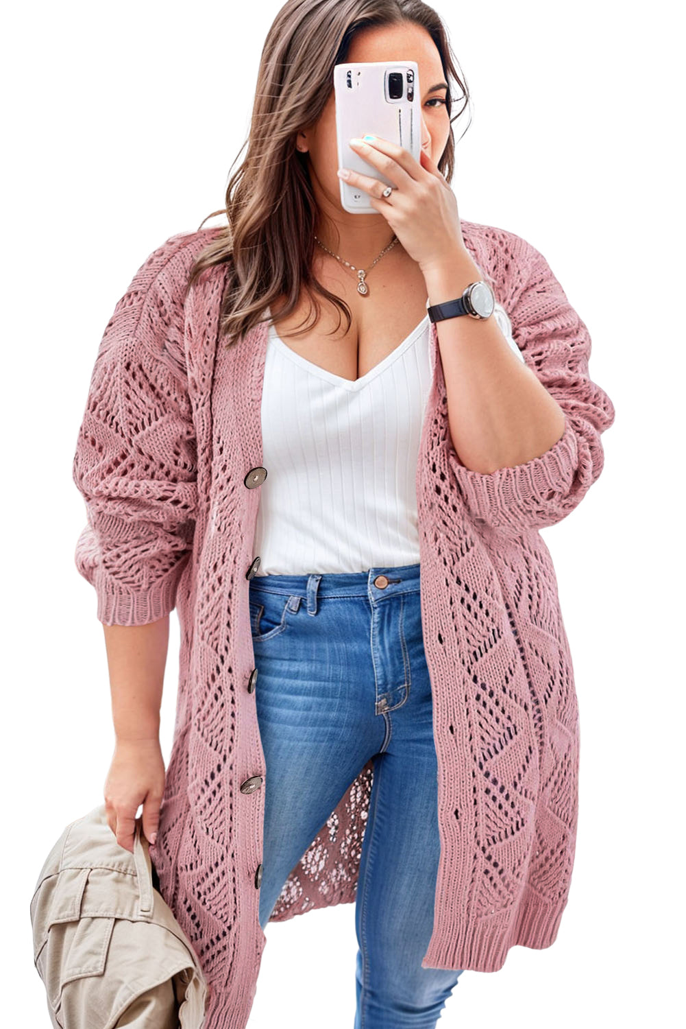 Open Knit Button-Up Plus Size Cardigan | Pink