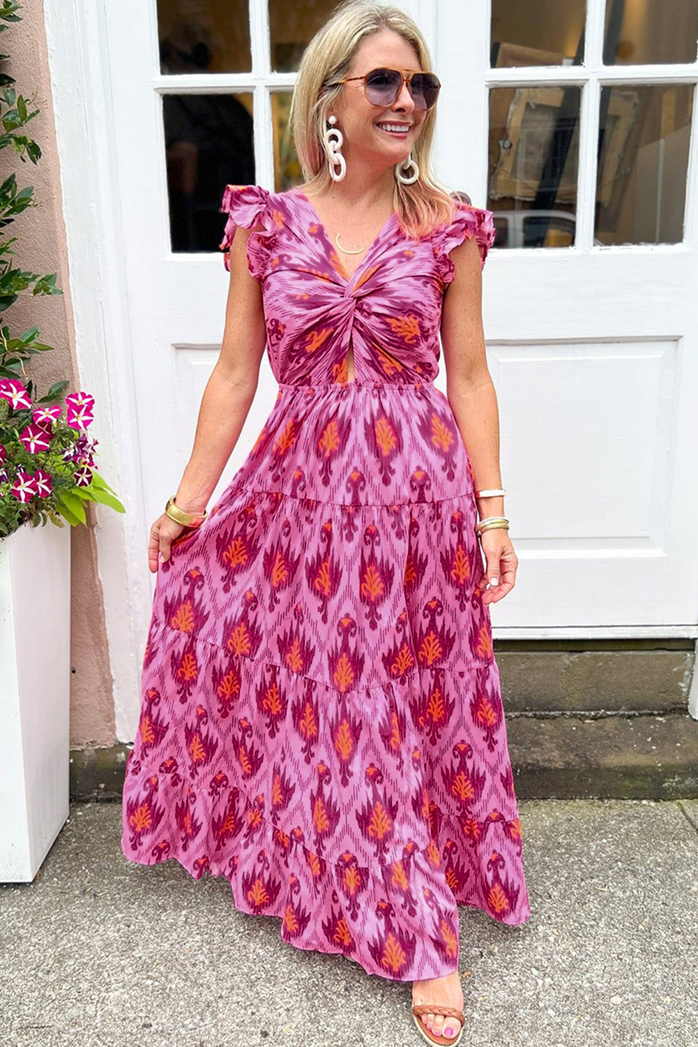 Retro Print Twisted Front Ruffled Sleeve Maxi Dress | Bonbon