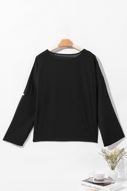 Roll Up Sleeve Stitching Detail Blouse | Black