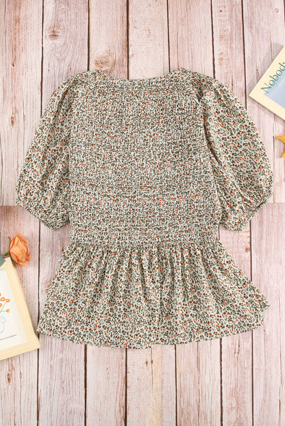 Floral Print Puff Sleeve Smocked Top | Green