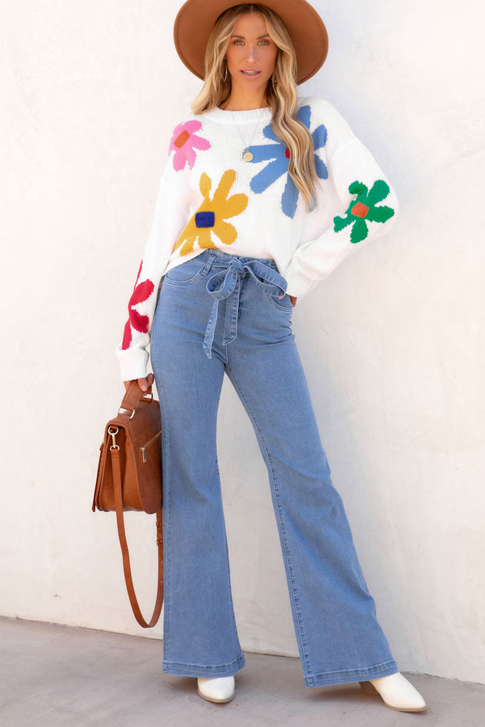 Colourful Big Flower Pattern Crewneck Sweater | White