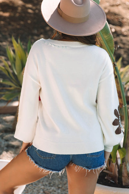 Big Flower Pattern V Neck Drop Shoulder Sweater | White