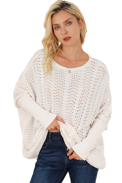 Ribbed Hollow Knit Dolman Sleeve Sweater | Beige