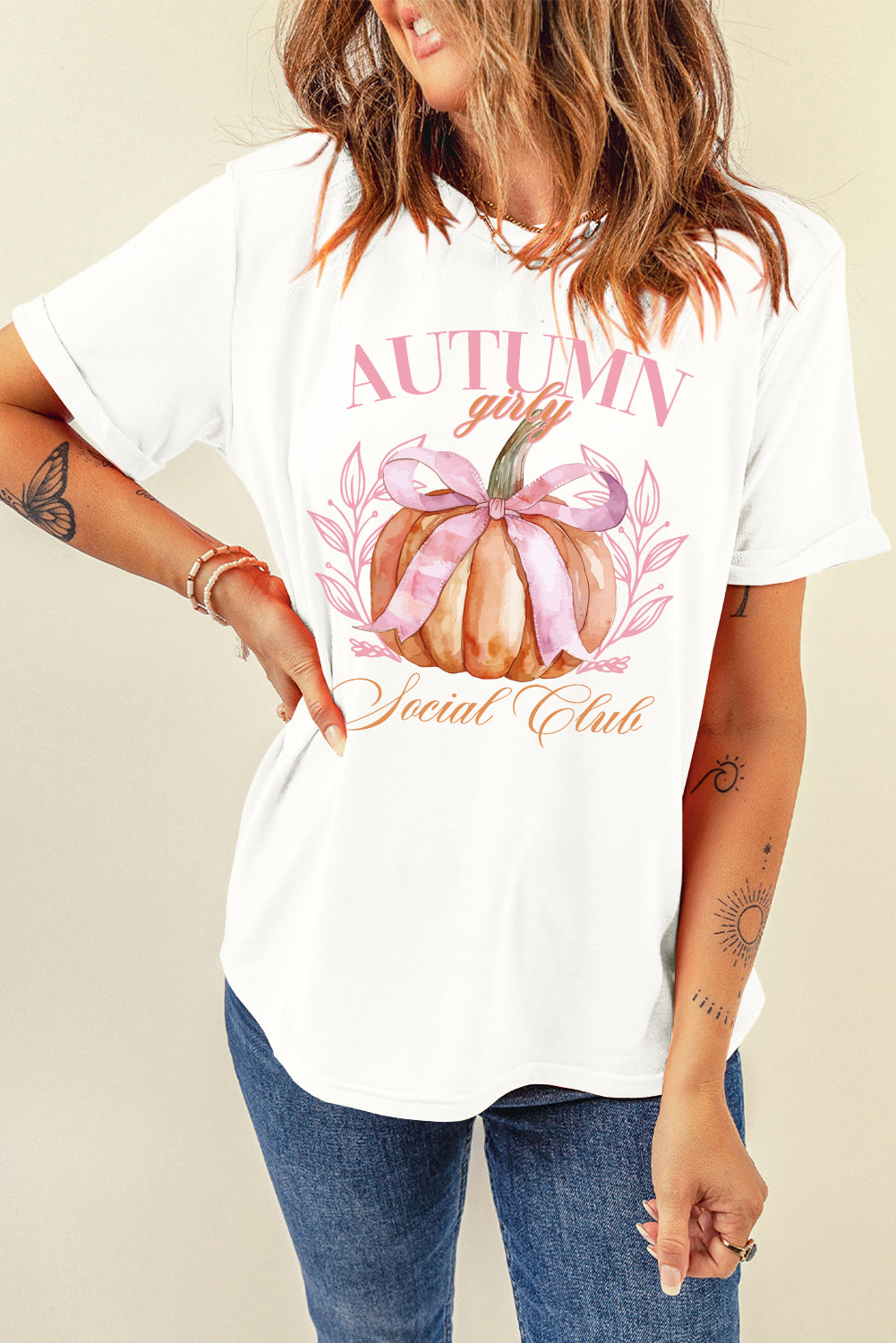 Autumn Girly Thanksgiving Bowknot Pumpkin Graphic T Shirt | White