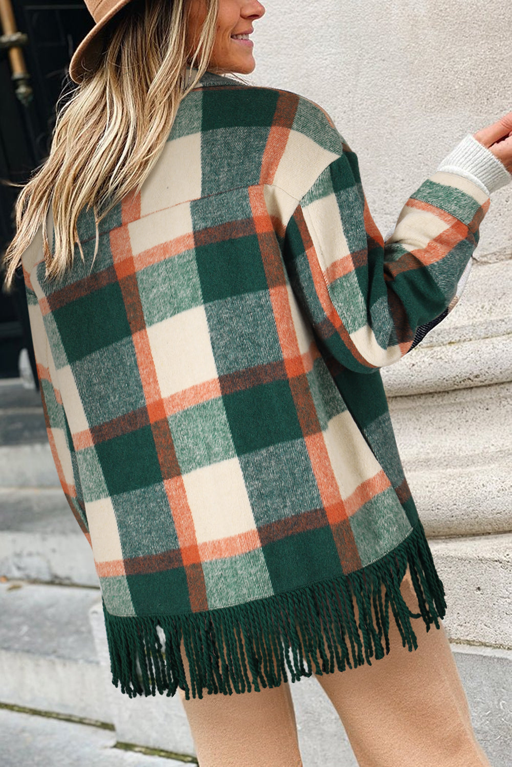 Plaid Snap Button Pocket Fringed Hem Jacket | Sea Green