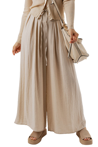 Drawstring Waist Pleated Wide Leg Casual Pants | Beige