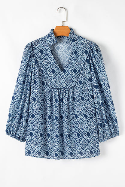 Western Geometric Print Frilled V Neck Loose Fit Blouse | Sky Blue