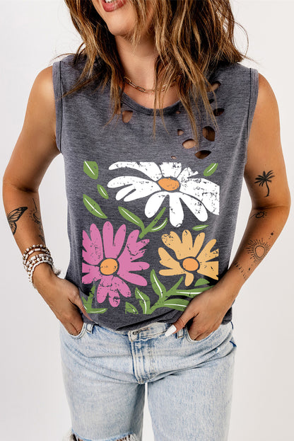 Floral Printed Ripped Crewneck Tank Top | Gray