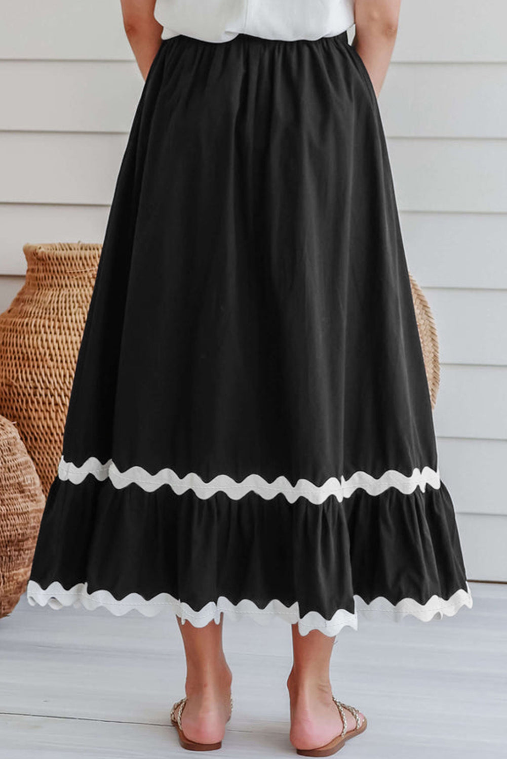 Ricrac Trim Colourblock High Waist Long Skirt | Black