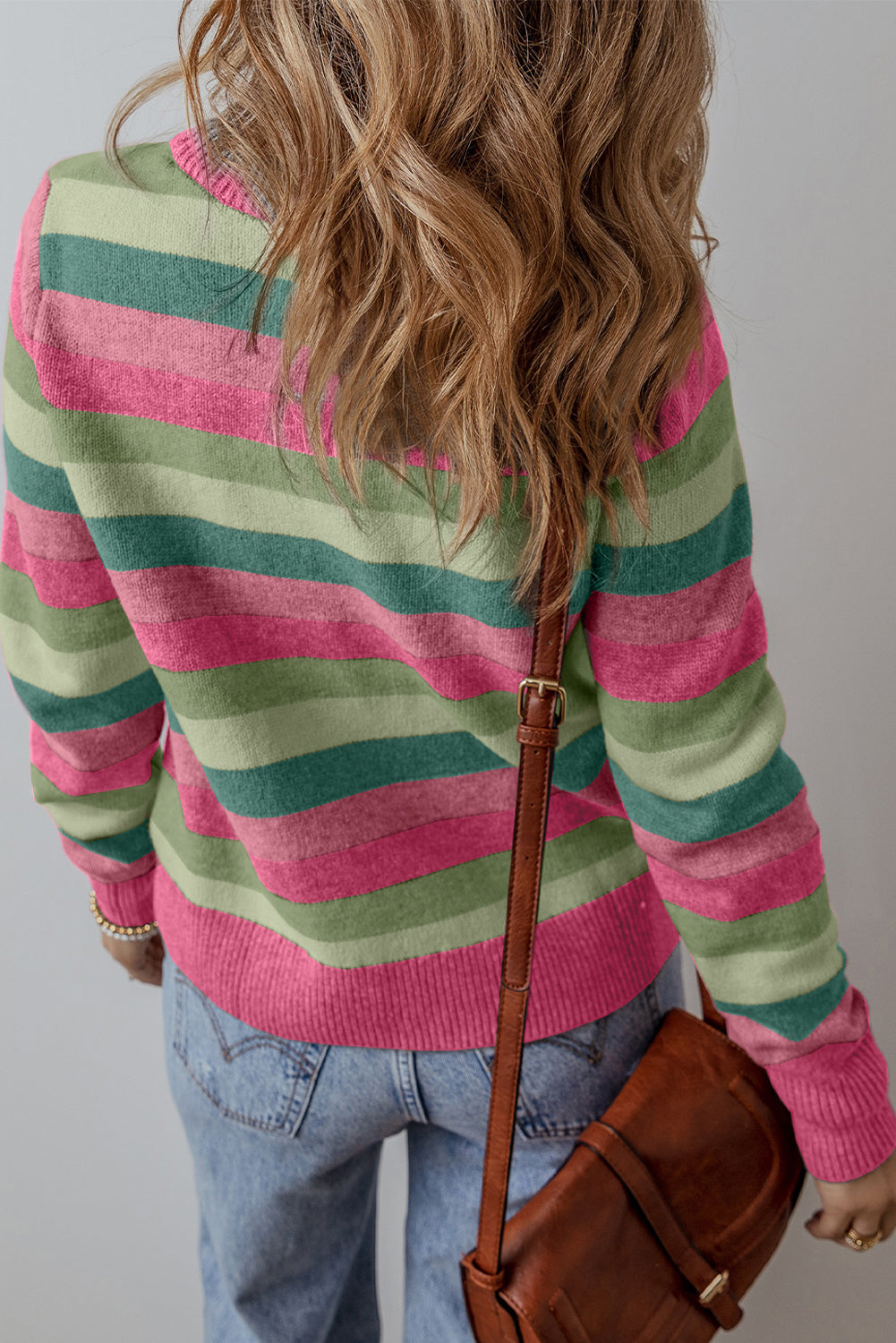 Colour Block Ribbed Edge Round Neck Sweater | Green