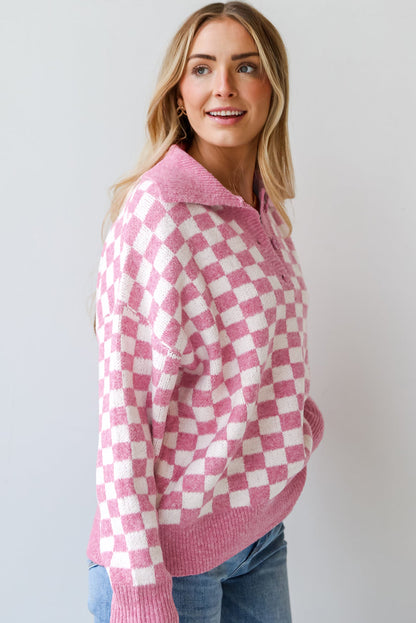 Checkered Buttons Collar V Neck Drop Shoulder Sweater | Pink