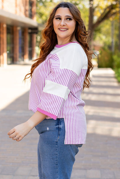 Patchwork Bracelet Sleeve Plus Size T Shirt | Pink Stripe