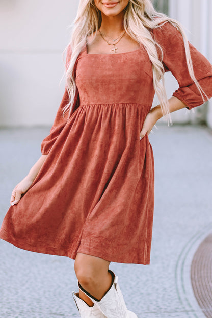 Suede Square Neck Puff Sleeve Dress | Brown