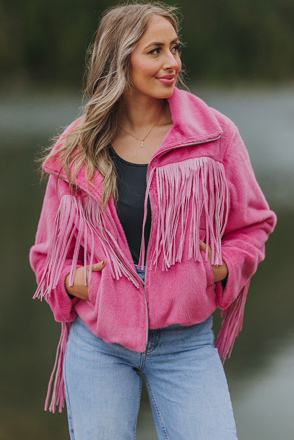 Fringed Full Zipper Fleece Jacket | Pink