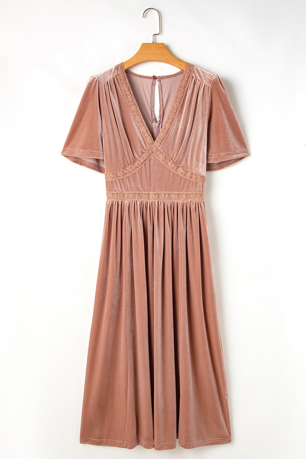 Velvet Lacy V Neckline Short Sleeve Empire Waist Flowy Maxi Dress | Chestnut