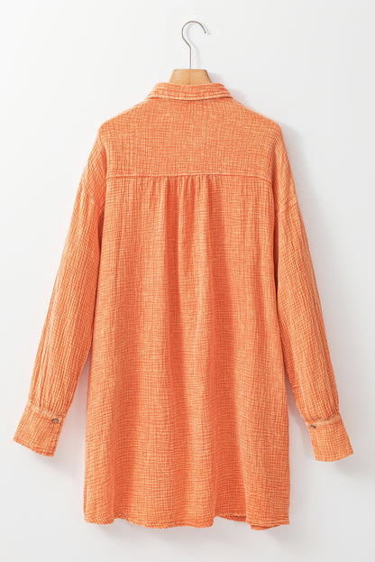 Crinkled Dual Chest Pocket Oversized Shirt Dress | Orange