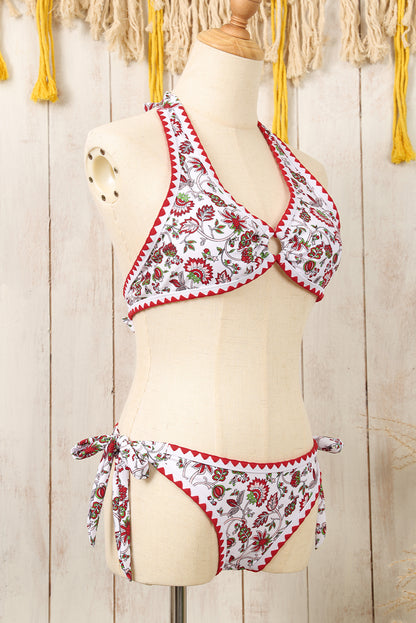 Floral Halter O-Ring Backless Knot Bikini Set | Red