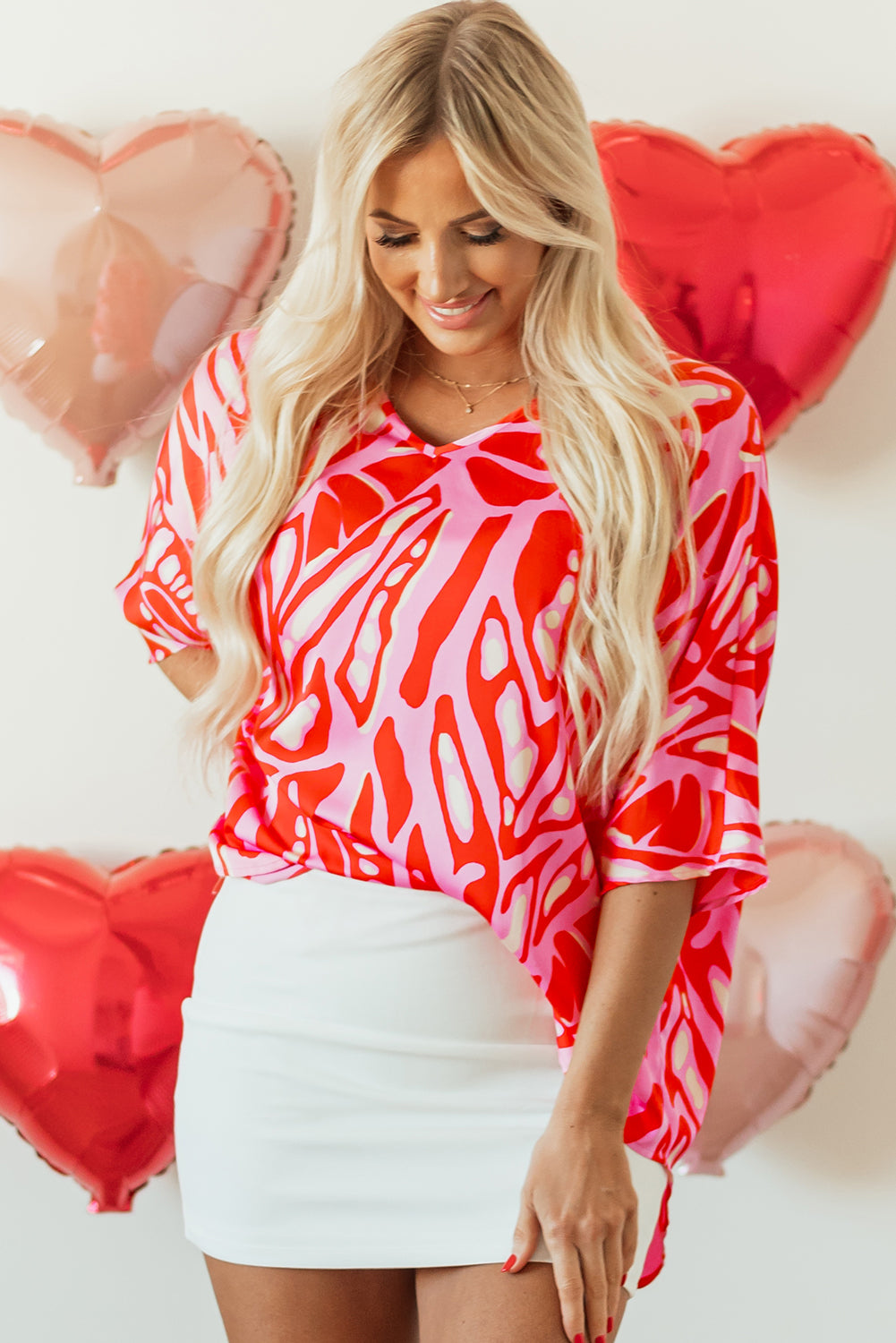 Abstract Print V Neck Batwing Sleeve Oversized Blouse | Red