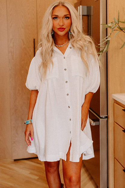 Half Puff Sleeve Buttoned Shirt Mini Dress | White