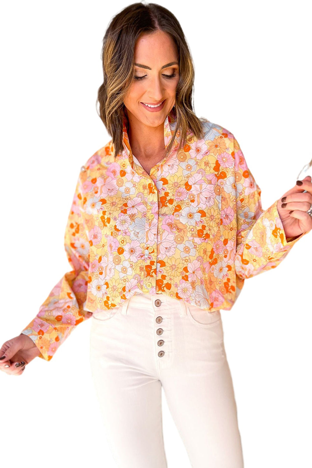 Floral Print Turn Down Collar Loose Shirt | Yellow