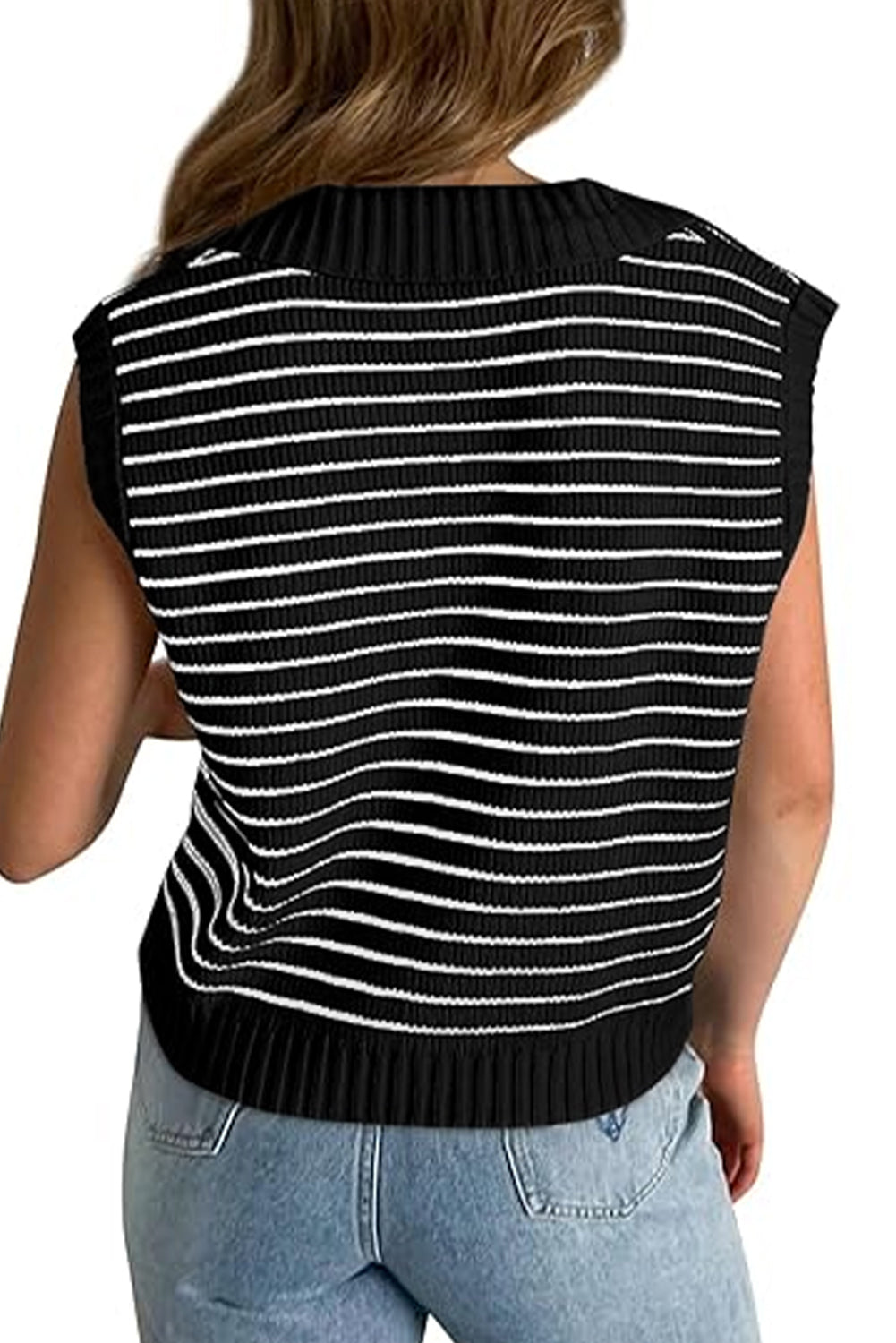 Turn-Down V Neck Sweater Tank Top | Black Stripe