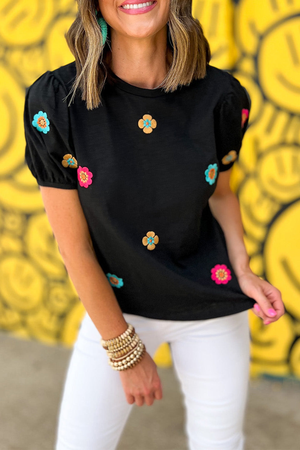 Embroidered Flower Short Puff Sleeve Tee | Black