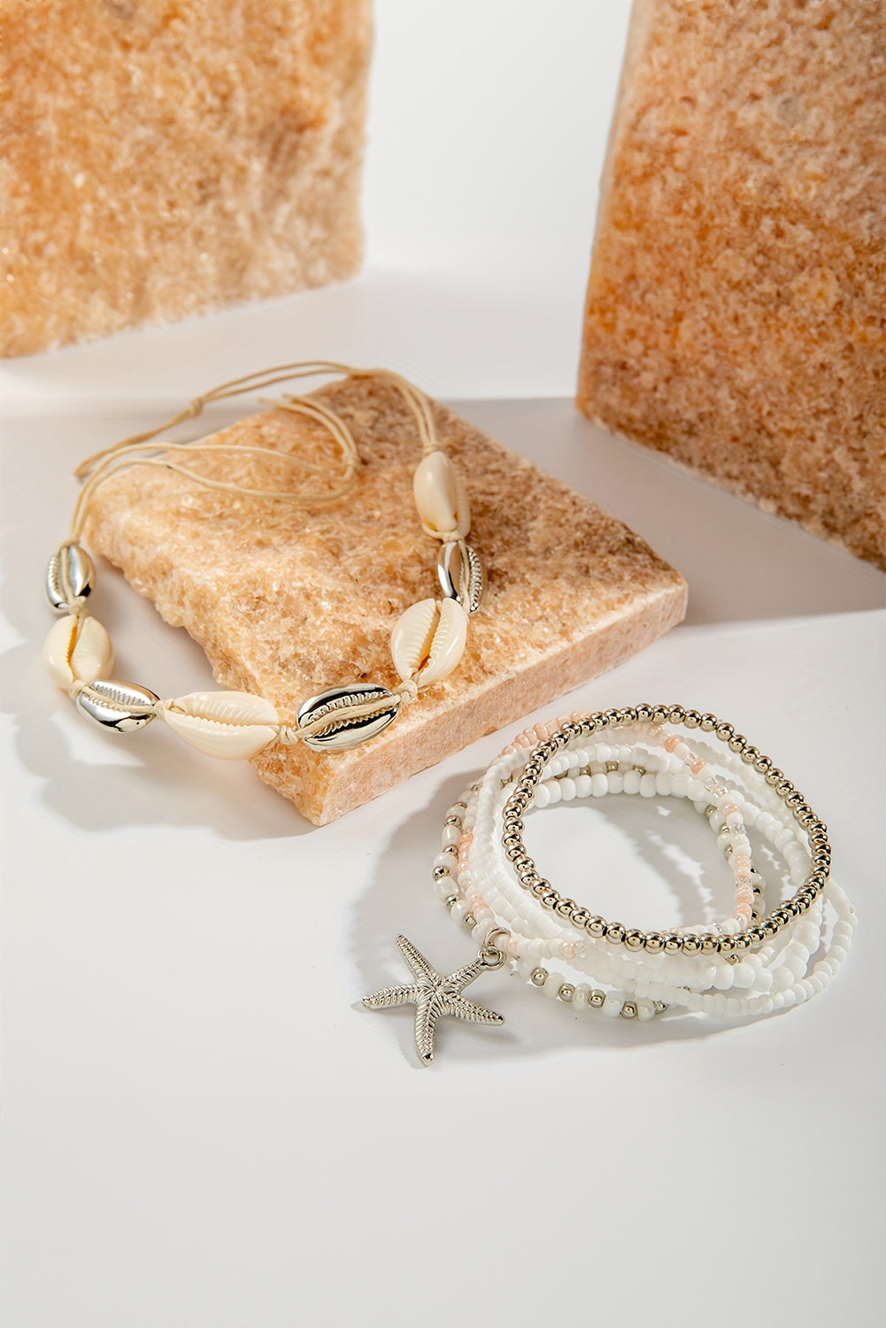 7Pcs Starfish Seashell Beaded Bracelet Set | White