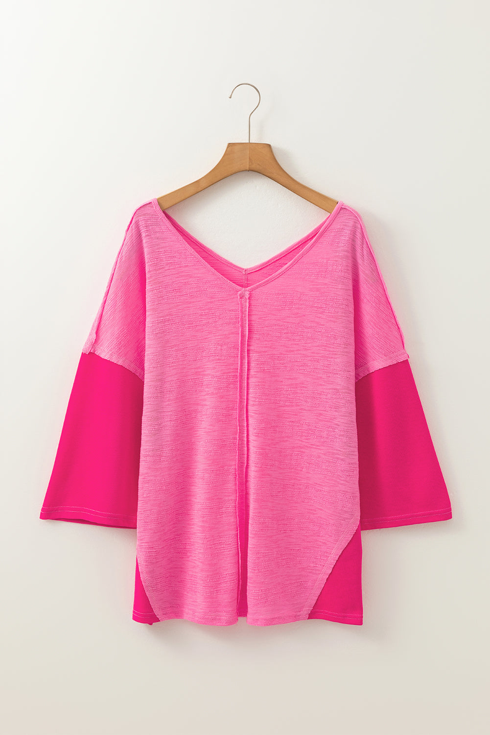 Contrast Patchwork 3/4 Sleeve V Neck Loose Blouse | Sachet Pink