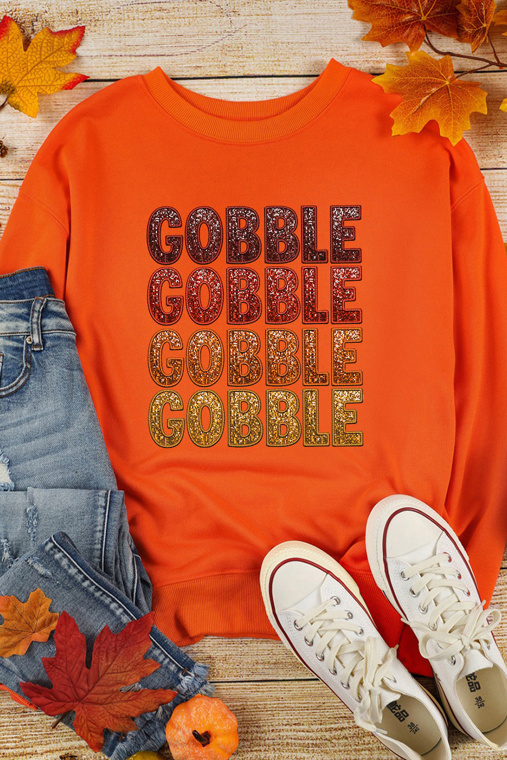 Thanksgiving Gobble Print Round Neck Pullover Sweatshirt | Orange