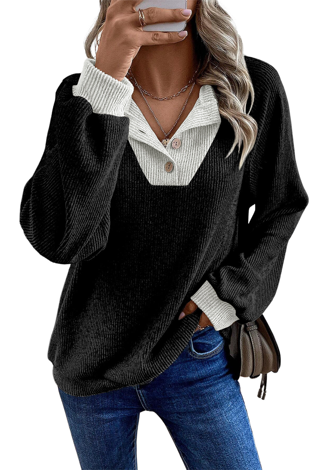 Colour Contrast Ribbed Loose Fit Long Sleeve Top | Black