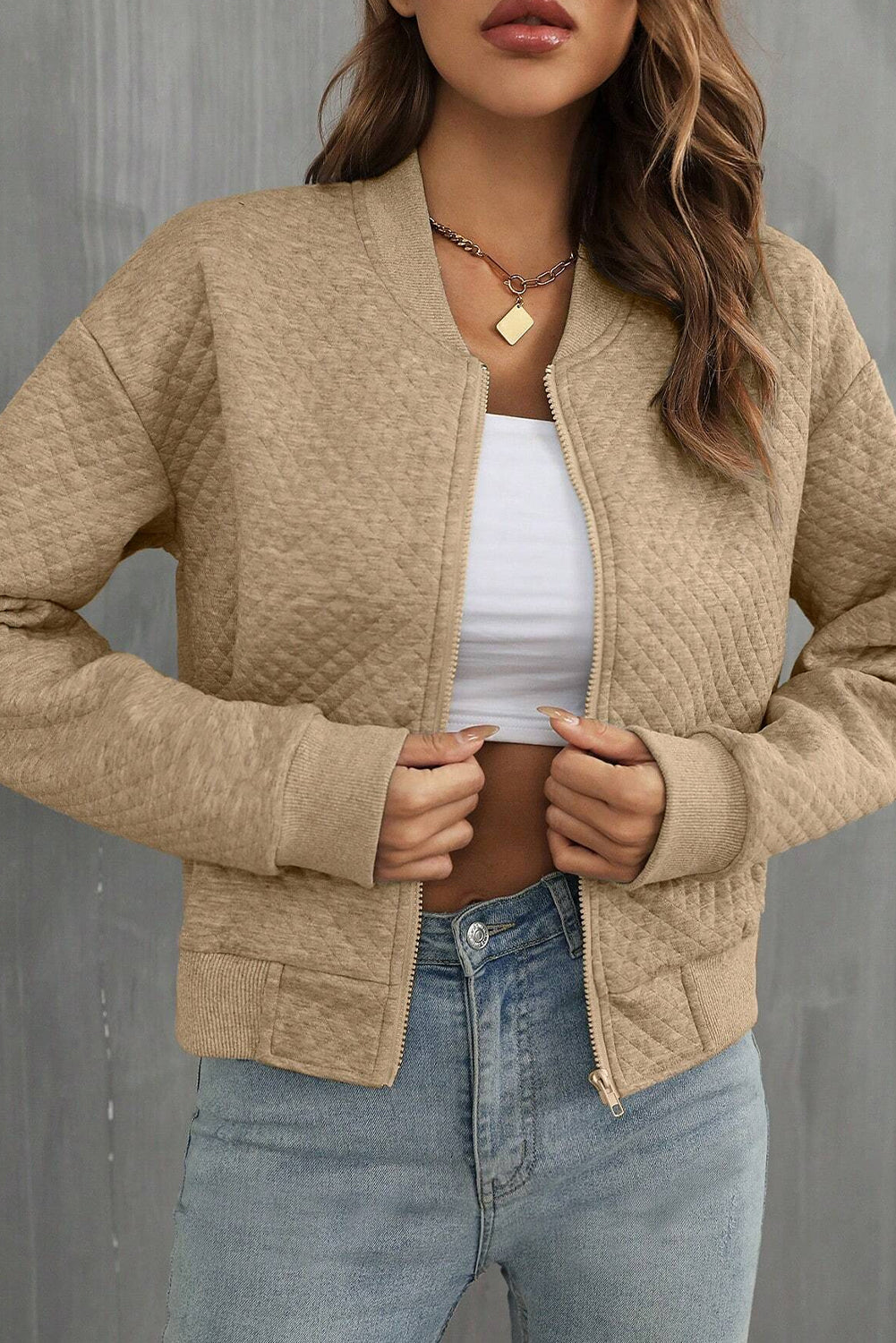 Solid Geometric Textured Baseball Collar Jacket | Pale Khaki