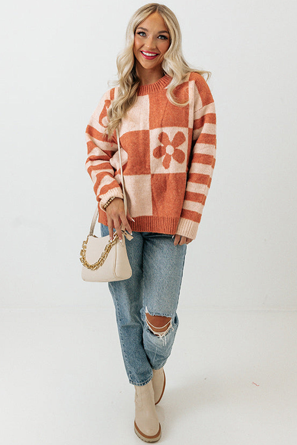 Checkered Floral Print Striped Sleeve Sweater | Brown