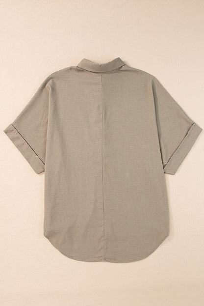 Collared Half Buttons Folded Short Sleeve Oversize Top | Simply Taupe