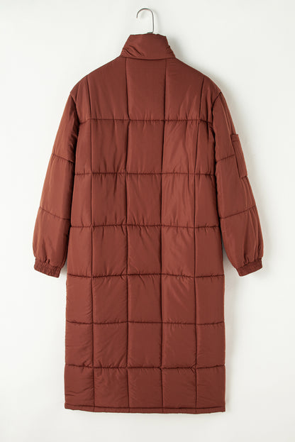 Quilted Puffer Stand Neck Zipped Mid-Length Coat | Coffee