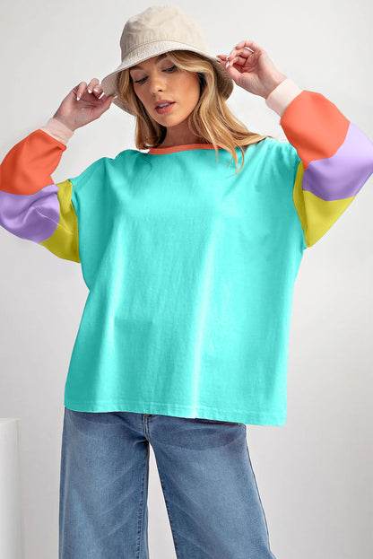 Colourblock Patchwork Long Sleeve Loose Top | Light Blue