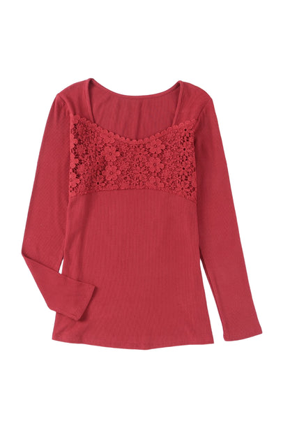 Fiery  Lace Crochet V Neck Long Sleeve Top | Red