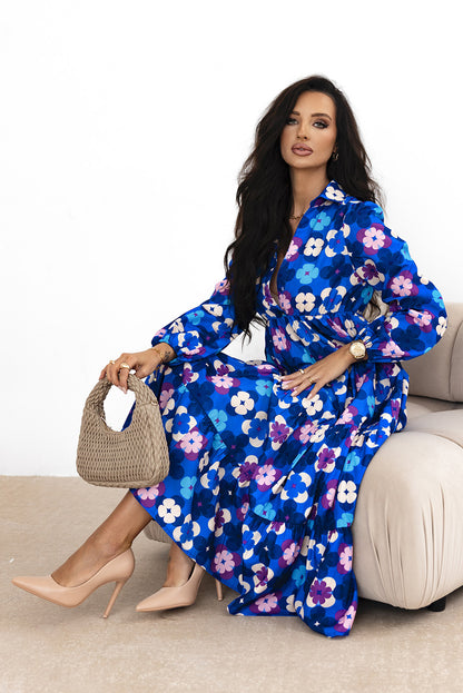 Floral Peasant Sleeve Tiered Ruffle Midi Dress | Blue