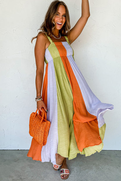 Colour Block Shirred High Waist Fit And Flare Maxi Dress | Green