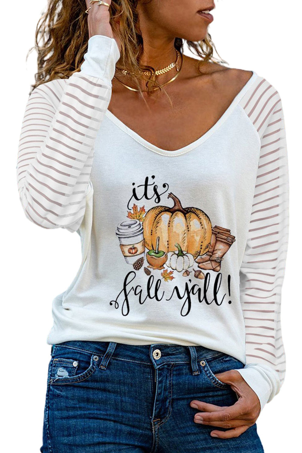 Its Fall Y'All! Pumpkin Graphic Print V Neck Top | White