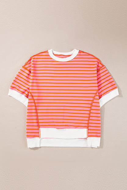 Oversized Contrast Trim Exposed Seam High Low T Shirt | Multicolour